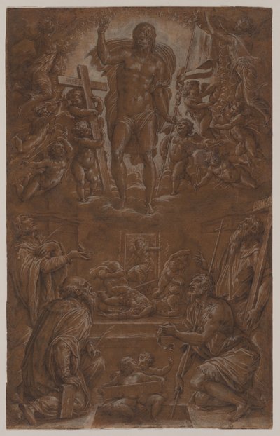 De Verrezen Christus Aanbeden door Heiligen en Engelen door Giorgio Vasari