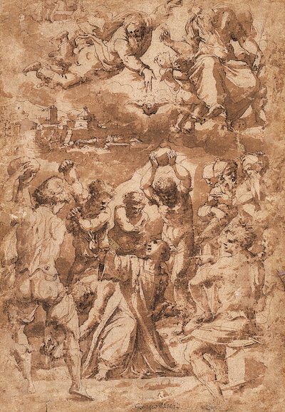 De steniging van St. Stefanus, met de Drie-eenheid erboven door Giorgio Vasari
