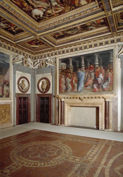 Zicht op de kamer van paus Leo X met een schilderij dat hemzelf tijdens de kardinalenverkiezing voorstelt door Giorgio Vasari