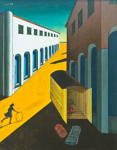 Mysterie en melancholie van een straat, meisje met een hoepel door Giorgio de Chirico
