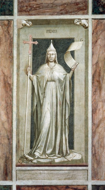 Geloof, vrouwelijke figuur die het Kruis en een rol vasthoudt, symbool van de Geopenbaarde Waarheid, terwijl ze een afgod vernietigt en op symbolen van de Kabbala staat, door Giotto, cyclus van fresco