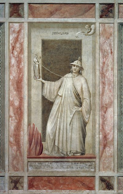 Ontrouw (ook wel Afgoderij genoemd), mannelijke figuur die zich van God afwendt en een afgod vasthoudt die hem bij de nek bindt, door Giotto, (detail) uit de cyclus van fresco