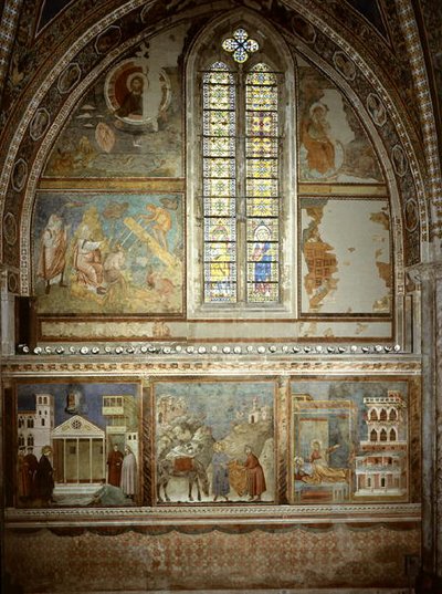 Scènes uit het Leven van St. Franciscus: De Eenvoudige Man Eert St. Franciscus; St. Franciscus Geeft zijn Jas aan de Arme Ridder; St. Franciscus Ziet in de Droom een Paleis vol Wapens door Giotto (c.1266 1337)