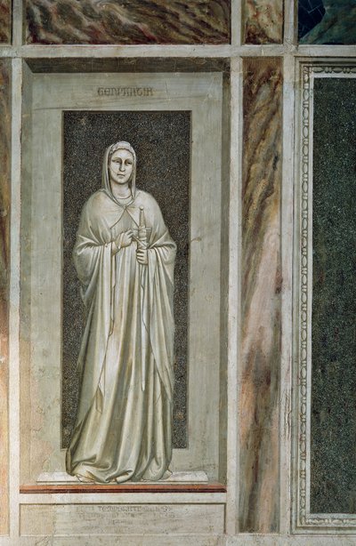 Matigheid, zachte figuur met zwaard vastgebonden aan de schede en een bit in de mond dat controle over woorden symboliseert, door Giotto, (detail) uit de cyclus van fresco