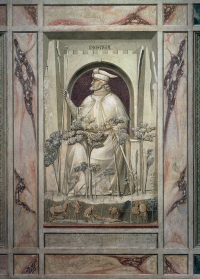 De Onrechtvaardigheid, een oude man met een zwaard in zijn handen terwijl voor hem de bomen van het kwaad groeien, door Giotto, (detail) uit de cyclus van fresco