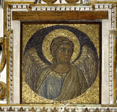 Engel. Fragment van de pod. Mozaïek met een gouden achtergrond gemaakt door Giotto di Bondone (1267? - 1337) en architectuur van Maderno door Giotto (c.1266 1337)