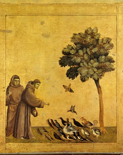 Sint Franciscus van Assisi die tot de vogels predikt. Detail door Giotto di Bondone