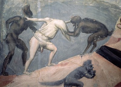Het Laatste Oordeel: Hel, detail van een van de verdoemden genomen door twee demonen, c.1303-05 door Giotto di Bondone
