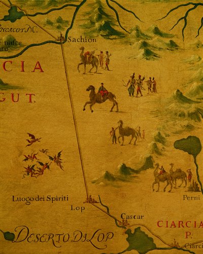 Woestijn van Lop en thuis van geesten en spoken zoals doorkruist door Marco Polo door Giovan Battista Ramusio