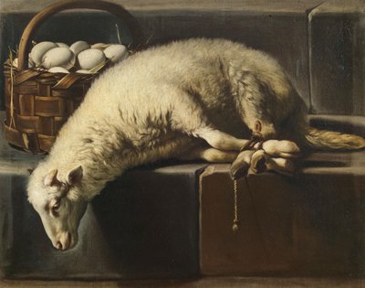 Een vastgebonden lam naast een mand met eieren Allegorie van Pasen, tweede helft van de 17e eeuw door Giovan Battista Recco