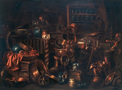 Laboratorium van de alchemist, schilderij door Gian Domenico Valentino (1630-1708), Italië door Giovan Domenico Valentino