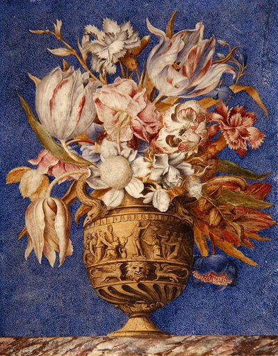 Bloemen in een vaas op een marmeren rand door Giovanna Garzoni