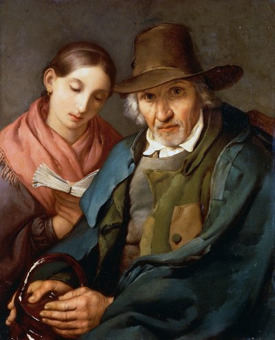 Figuur van een oudere man zittend met een jonge gewone man die een boek leest, door Giovanni Carnovali bekend als Piccio (1804-1873), olieverf op doek, 72x59 cm door Giovanni Carnovali