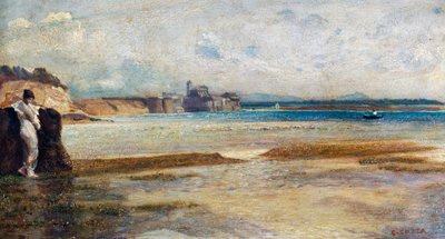 Ondergaande maan in de Tyrreense Zee, schilderij door Nino Costa (1826-1903), Italië door Giovanni Costa
