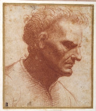 Hoofd van een baardloze man die naar beneden kijkt door Giovanni Agostino da Lodi