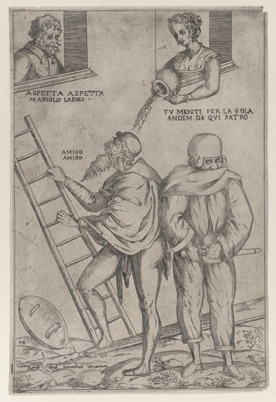 Een man klimt op een ladder terwijl een vrouw water op hem gooit van boven door Giovanni Ambrogio Brambilla