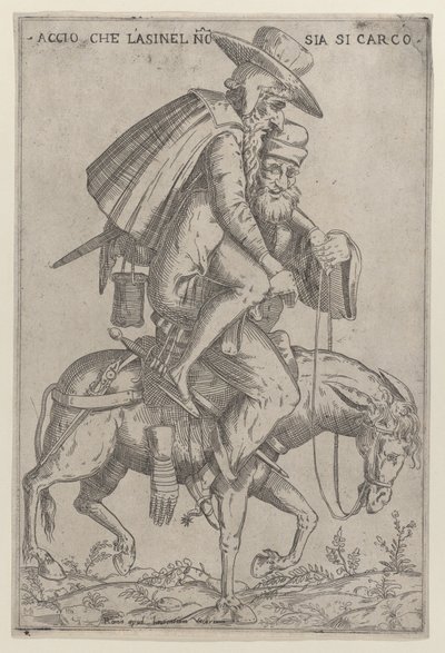 Karikatuur met twee mannen op een muilezel, 1575-99 door Giovanni Ambrogio Brambilla
