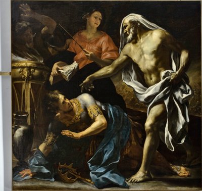 De tovenaar van Endor roept voor Saul de schaduw van de profeet Samuel op door Giovanni Andrea Carlone