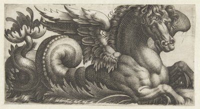 Gevleugeld zeepaard met aan het einde van zijn staart een open blad waaruit twee stampers steken door Giovanni Andrea Maglioli