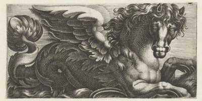 Gevleugeld zeepaard met aan zijn staart een knop van bladeren door Giovanni Andrea Maglioli