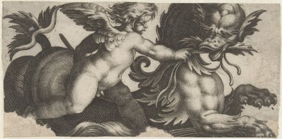 Putto voert een zeemonster een blad door Giovanni Andrea Maglioli