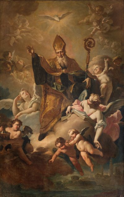 Zuidtransept, Altaar van San Benedetto, Sint Benedictus in Gloria terwijl hij de stad zegent, Altaarstuk door Giovanni Angelo Borroni, San Benedetto in Gloria terwijl hij de stad zegent 1744 door Giovanni Angelo Borroni