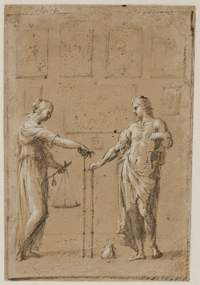 Een man en een vrouw in antieke kostuums, elk met weegschalen en een liniaal, voor een muur met schilderijen. Een beurs op de vloer voor de man door Giovanni Angelo Canini