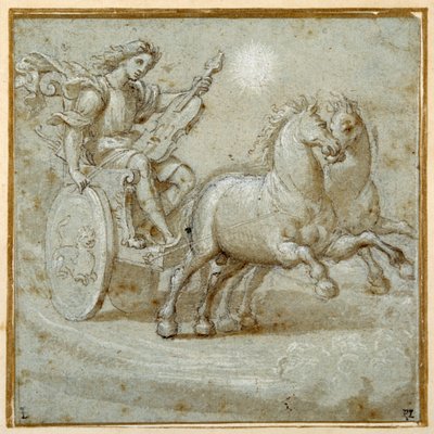 Apollo zittend in zijn wagen met zijn viool door Giovanni Antonio (circle of) Pordenone