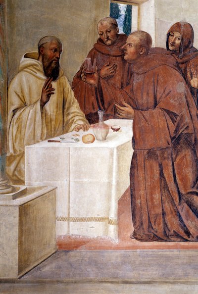 Benedictus breekt een glas vergiftigde wijn door het teken van het kruis te maken (detail) fresco van de kloostergang gemaakt door Giovan Antonio Bazzi di Sodoma (1477-1549) die het leven van Sint Benedictus van Nursia (480 - 567) stichter van de Orde van  door Giovanni Antonio Bazzi Sodoma