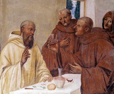 Benedictus breekt een glas vergiftigde wijn door het teken van het kruis te maken (detail). Fresco van het klooster gemaakt door Antonio Bazzi genaamd il Sodoma (1477 - 1549) die het leven van Sint Benedictus van Nursia (480 - 567) oprichter van de Benedic door Giovanni Antonio Bazzi Sodoma