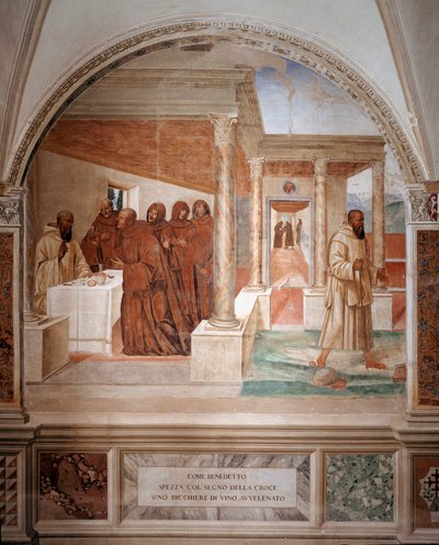 Benedictus breekt een glas vergiftigde wijn door het teken van het kruis te maken (fresco) door Giovanni Antonio Bazzi Sodoma