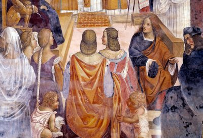 Benedictus excommuniceerde twee nonnen en verleent hen absolutie na hun dood (detail). Kloosterfresco door Antonio Bazzi genaamd il Sodoma (1477 - 1549) die het leven van Sint Benedictus van Nursia (480 - 567) oprichter van de Benedictijner Orde vertelt 15 door Giovanni Antonio Bazzi Sodoma