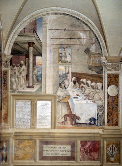 Benedictus krijgt overvloedig meel en voedt de monniken door Giovanni Antonio Bazzi Sodoma