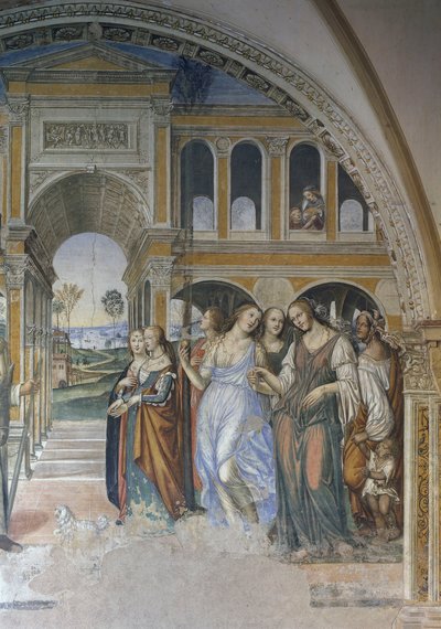 Florentius stuurt de prostituees naar het klooster, scène uit het leven van St. Benedictus door Giovanni Antonio Bazzi Sodoma