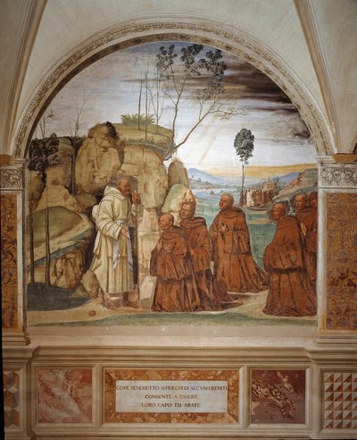 Hoe Benedictus antwoordt op het gebed van de kluizenaars en hun leider wordt (fresco) door Giovanni Antonio Bazzi Sodoma