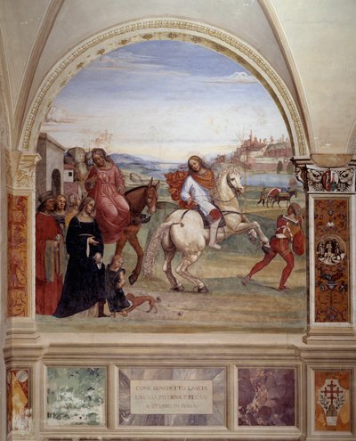 Hoe Benedictus het huis van zijn vader verliet en naar Rome ging om te studeren (fresco) door Giovanni Antonio Bazzi Sodoma