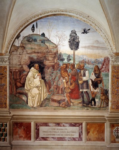Hoe Benedictus de heilige leer aan de boeren onderwijst die hem bezoeken (fresco) door Giovanni Antonio Bazzi Sodoma