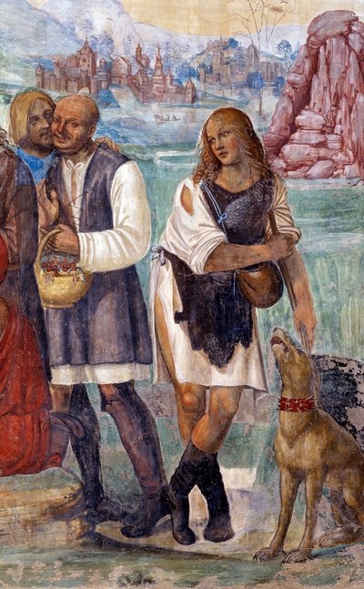 Hoe Benedictus de heilige leer aan de boeren onderwijst die hem bezoeken (detail) fresco van de kloostergang gemaakt door Antonio Bazzi genaamd il Sodoma (1477 - 1549) die het leven van Sint Benedictus van Nursia (480 - 567) stichter van de Orde van Benedi door Giovanni Antonio Bazzi Sodoma