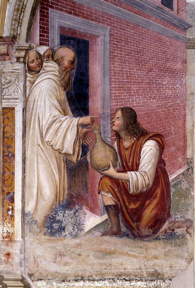 Hoe Benedictus een fles wijn die een dienaar voor hem verborgen hield in een slang verandert (detail) door Giovanni Antonio Bazzi Sodoma