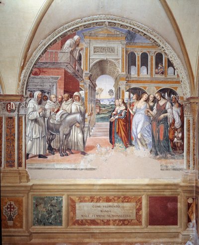 Hoe Fiorenzo prostituees naar het klooster stuurt (fresco) door Giovanni Antonio Bazzi Sodoma