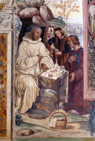 Hoe een priester voedsel bracht naar Benedictus met Pasen (detail) door Giovanni Antonio Bazzi Sodoma