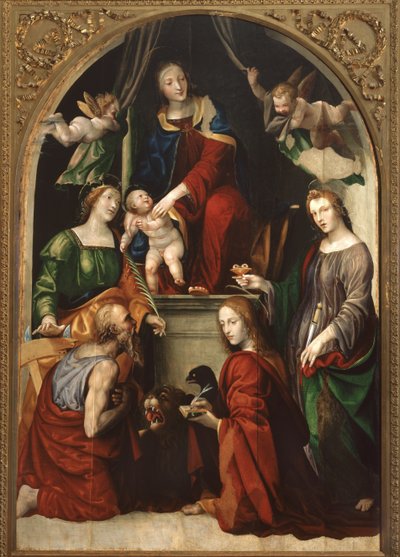 Madonna en Kind en Engelen tussen de heiligen Hiëronymus, Catharina van Alexandrië, Lucia en Johannes de Evangelist door Giovanni Antonio Bazzi Sodoma