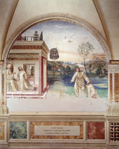 Maurus loopt op water om St. Placidus te redden (fresco) door Giovanni Antonio Bazzi Sodoma
