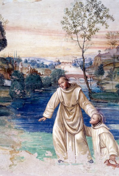 Maur loopt over water om Sint Placidus te redden (detail). Kloosterfresco door Antonio Bazzi genaamd il Sodoma (1477 - 1549) die het leven van Sint Benedictus van Nursia (480 - 567) oprichter van de Benedictijner Orde vertelt 1503 - 1508 Abdij van Monte Ol door Giovanni Antonio Bazzi Sodoma