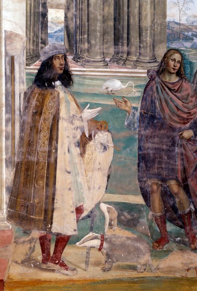 Sint Benedictus repareert een gebroken zeef (zelfportret van de kunstenaar) (detail) door Giovanni Antonio Bazzi Sodoma