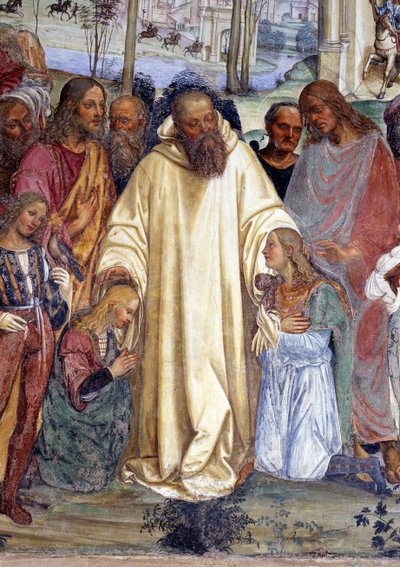 Sint Benedictus ontvangt twee jonge Romeinen, Maurus en Placide (detail) fresco van de kloostergang gemaakt door Antonio Bazzi genaamd il Sodoma (1477 - 1549) die het leven van Sint Benedictus van Nursia (480 - 567) stichter van de Orde van Benedictijnen v door Giovanni Antonio Bazzi Sodoma