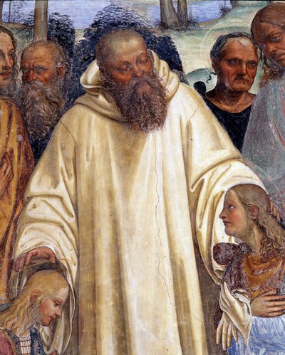 Sint Benedictus ontvangt twee jonge Romeinen, Maurus en Placide (detail) fresco van de kloostergang gemaakt door Antonio Bazzi genaamd il Sodoma (1477 - 1549) die het leven van Sint Benedictus van Nursia (480 - 567) stichter van de Orde van Benedictijnen v door Giovanni Antonio Bazzi Sodoma