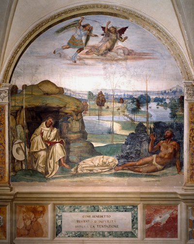 St. Benedictus overwint de verleiding door zich naakt in een doornstruik te werpen (fresco) door Giovanni Antonio Bazzi Sodoma