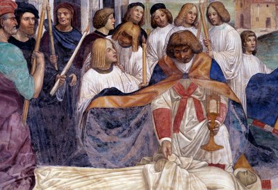 Sint Benedictus draagt het lichaam van Christus op het lichaam van de monnik dat de aarde weigert te begraven (detail) door Giovanni Antonio Bazzi Sodoma