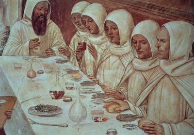 St. Benedictus die voldoende meel heeft verkregen en de monniken voedt (detail) door Giovanni Antonio Bazzi Sodoma
